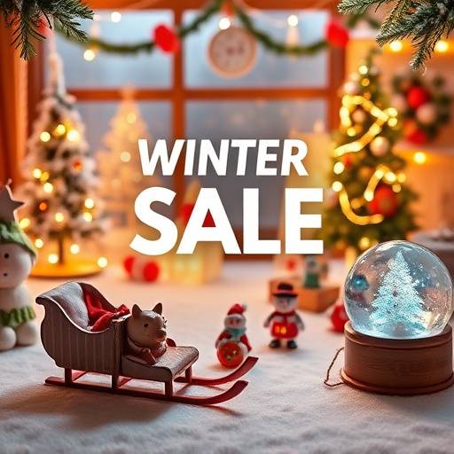 A cozy banner advertising discounts on winter toys, featuring images of sleds, snow globes, and indoor games.