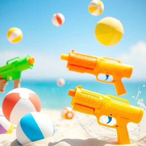 A festive banner advertising discounts on summer toys, featuring images of water guns, beach balls, and outdoor games.