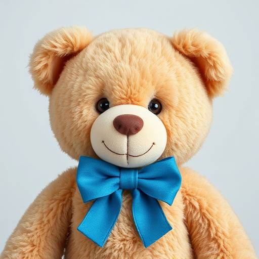 A plush teddy bear with a blue bow tie