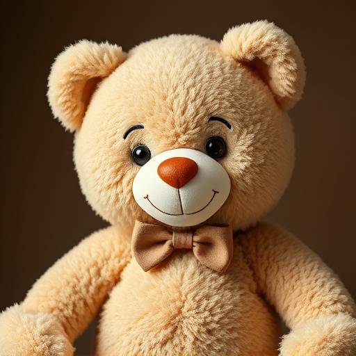 A plush teddy bear with soft fur, a friendly smile, and a small bow, ideal for comforting children of all ages.
