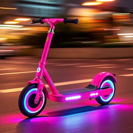 A scooter with a bright pink frame and LED wheels