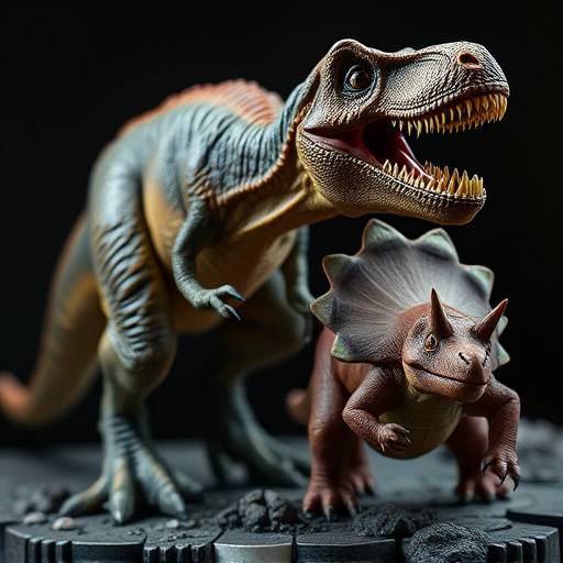 A set of dinosaur action figures including a T-Rex and Triceratops