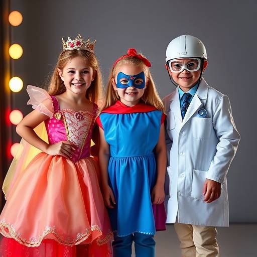 A set of dress-up costumes including a princess dress, a superhero cape, and a doctor's coat, encouraging imaginative role-playing for children.