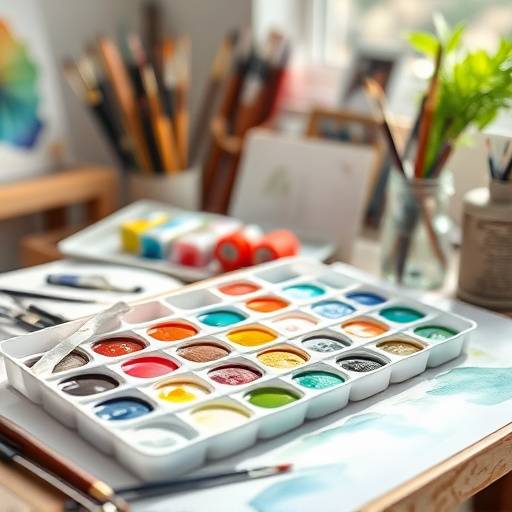A set of watercolor paints and paintbrushes