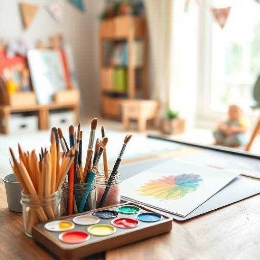 A set of watercolor paints with brushes and a drawing pad, encouraging artistic expression and creativity in children.