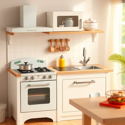 A toy kitchen set with a stove, sink and toy food