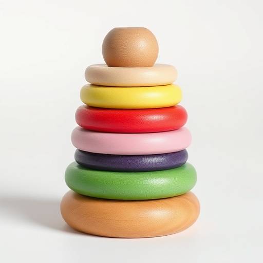 A wooden stacking toy with colorful rings