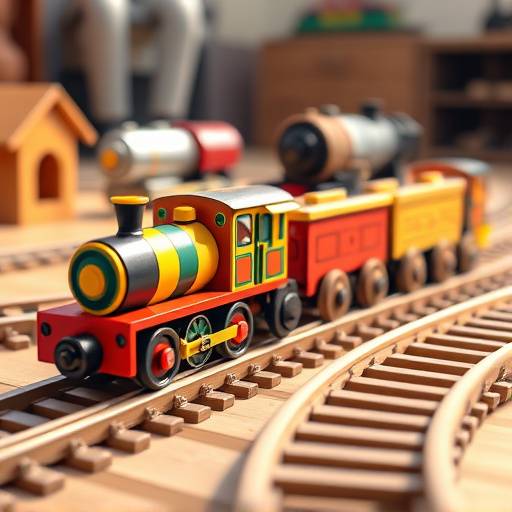 A wooden train set with colorful carriages and tracks, perfect for toddlers and young children.
