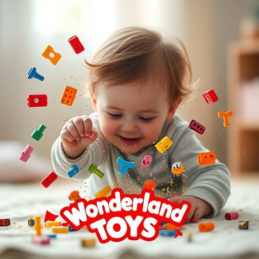 Hero banner image showcasing a variety of colorful toys scattered around a playful child, with a Wonderland Toys logo subtly placed in the background.